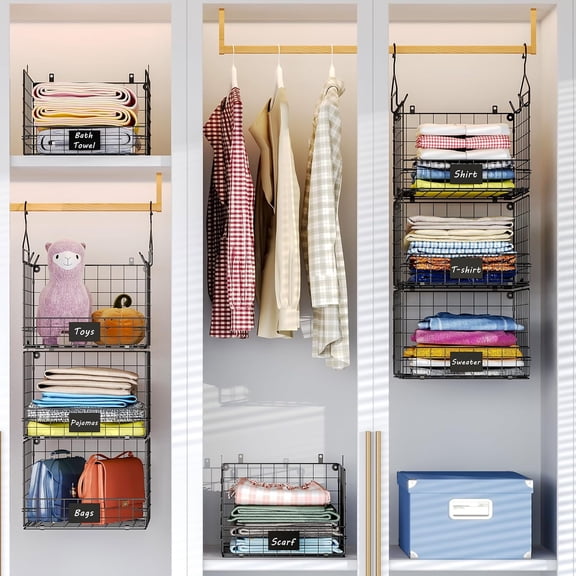 XCOSRACK 4-Tier Metal Hanging Closet Organizer Baskets, Foldable & Stackable Wire Shelves with Name Plates & S-Hooks, Heavy Duty Wall Mounted Wardrobe Storage Bin for Sweaters, Shoes & Accessories