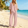 thumbnail image 4 of IUYRTFE Women's V-Neck Short Sleeve Top and Wide Leg Pants Set with Pockets Casual 2 Piece Lounge Outfit, 4 of 6
