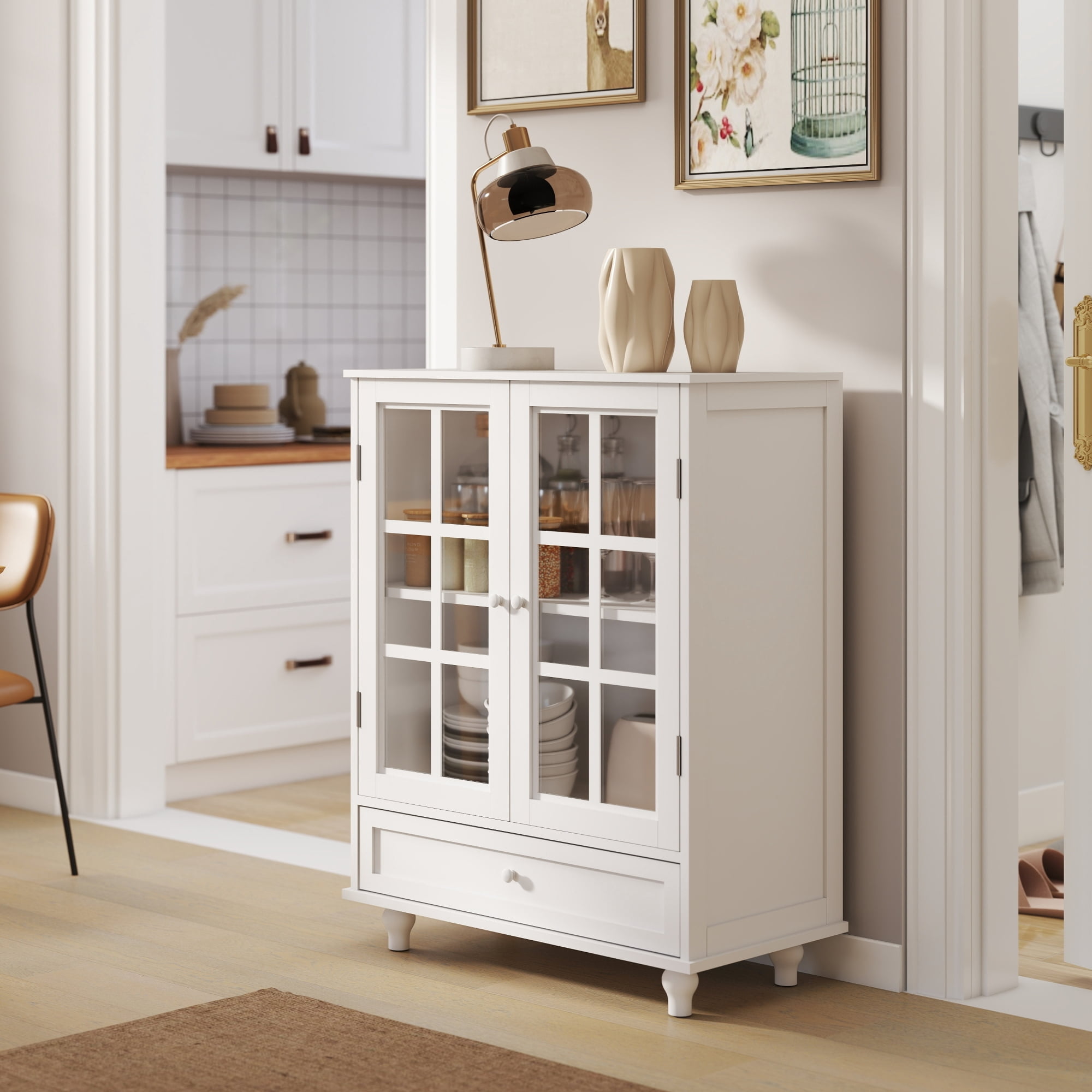 Jopath Buffet Cabinet with Double Glass Doors and Drawer, Modern Wooden Storage Sideboard Cupboard for Living room Dining Room Hallway Entryway White