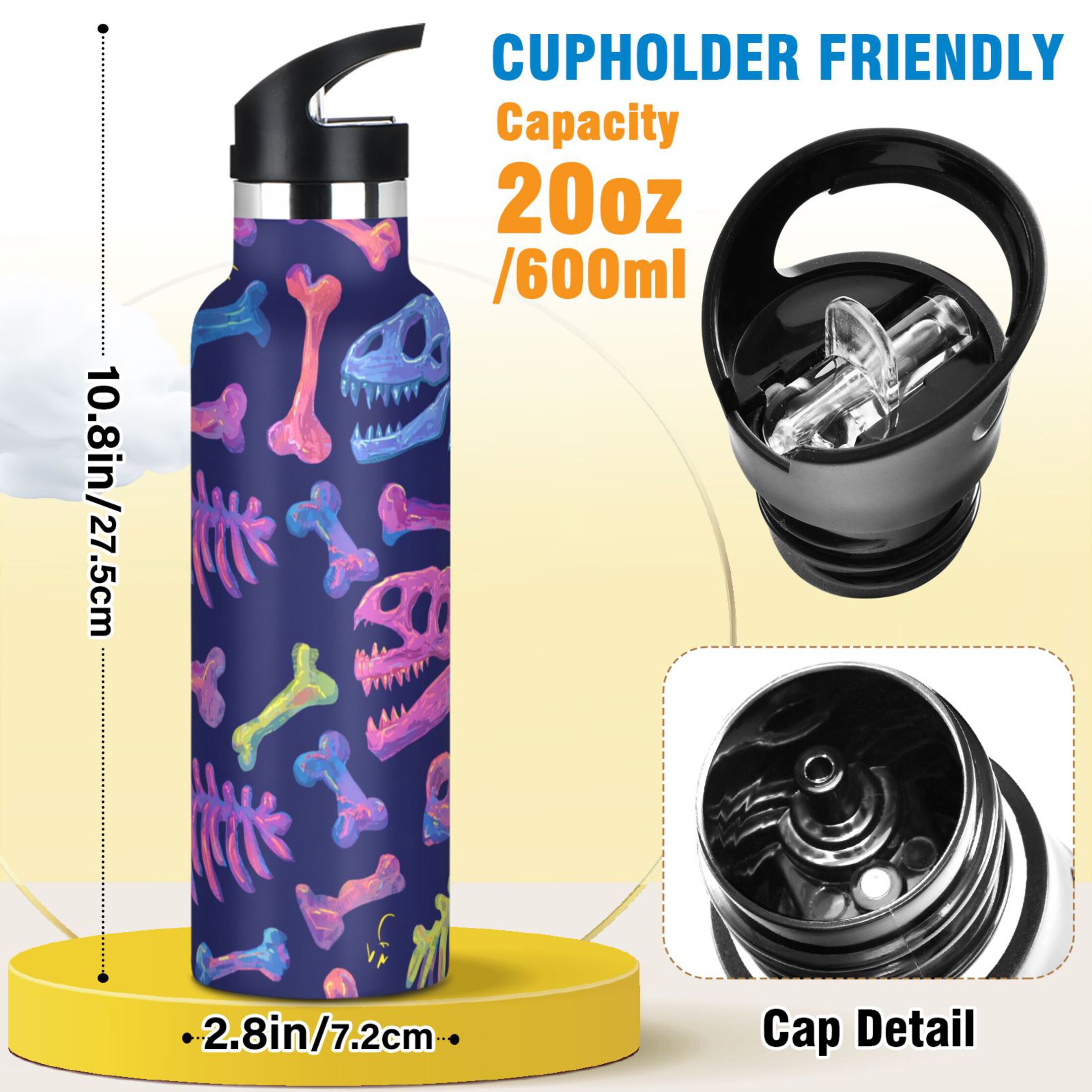 600ML Stainless Steel Insulated Cup Sports Water Bottle Portable Thermos Cup Water Glasses Insulated Tumblers Convenient and Durable Dinosaur Bones