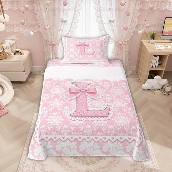Manfei Pink Princess Letter L Bow Twin Sheet Sets, Boho Damask Flower Bedding for Girls Women, 3 Pieces
