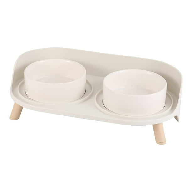 Comedero Elevado para Gatos y Perros Pequeños de Cerámica Blanca con Doble Cuenco y Soporte Anti Sal
