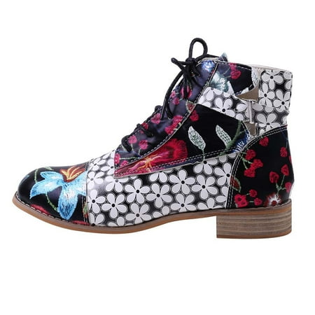 

Ankle Boots for Women Painting Flower Pattern Cow Leather Splicing Lace-Up Stitching Ankle Boots Ankle Boots Pu 37