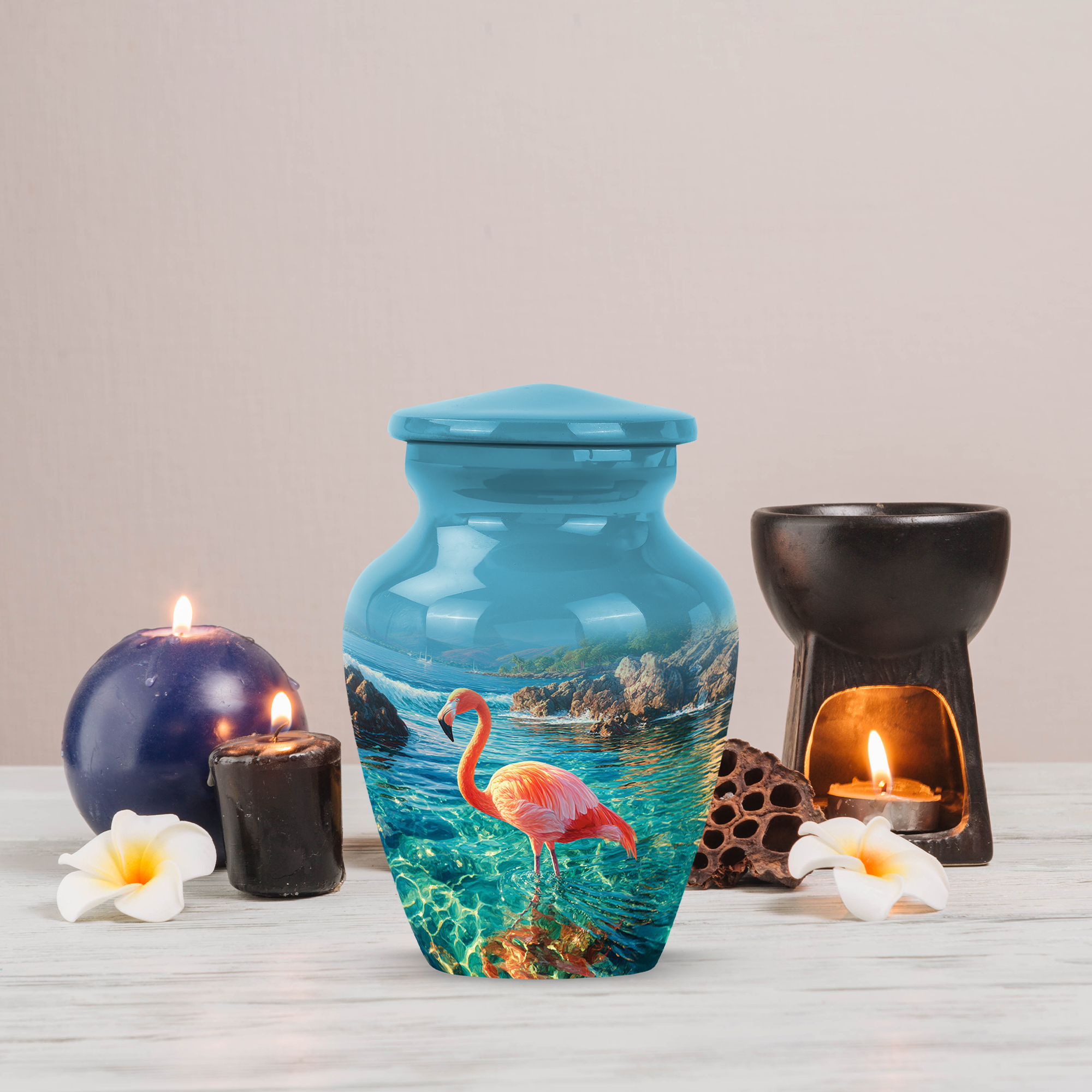 MUKTIVE Orange Flamingo Decorative Urn for Ashes Adult Mother & Father, Keepsake Memorial Urns for Women Ashes, Ocean Blue Urns for Funeral, Cremation Urn for Adult Male (3 Inch)