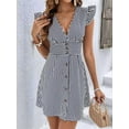thumbnail image 4 of Women'S Striped Summer Dresses V Neck Casual Mini Dress Flutter Sleeve Ruffle Button Sundresses Black S, 4 of 8