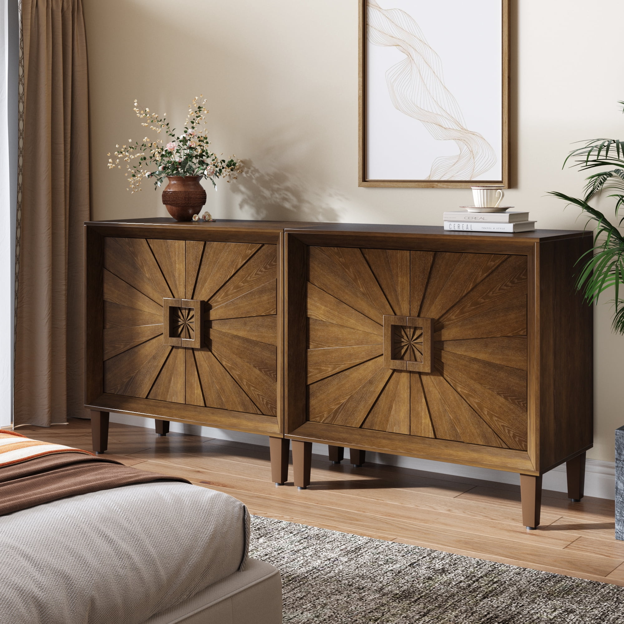 31.5" Modular Credenza Sideboard Buffet, Small Space Cabinet with Symmetrical Sunburst Doors, Accent Cabinet with Adjustable Shelves for Dining Room, Entryway & Hallway