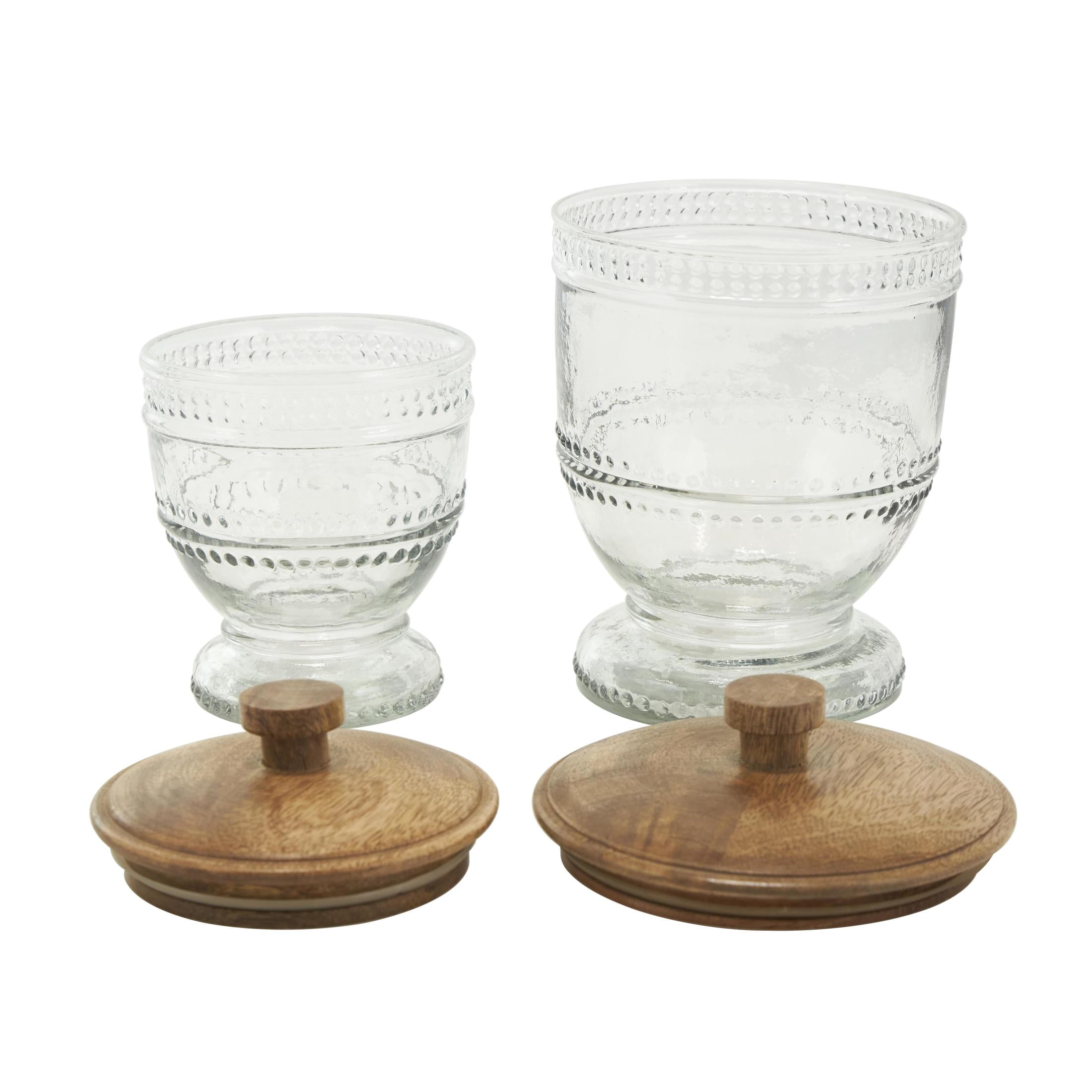 DecMode 8", 7"H Clear Glass Beaded Decorative Jars with Wood Lids, 2-Pieces