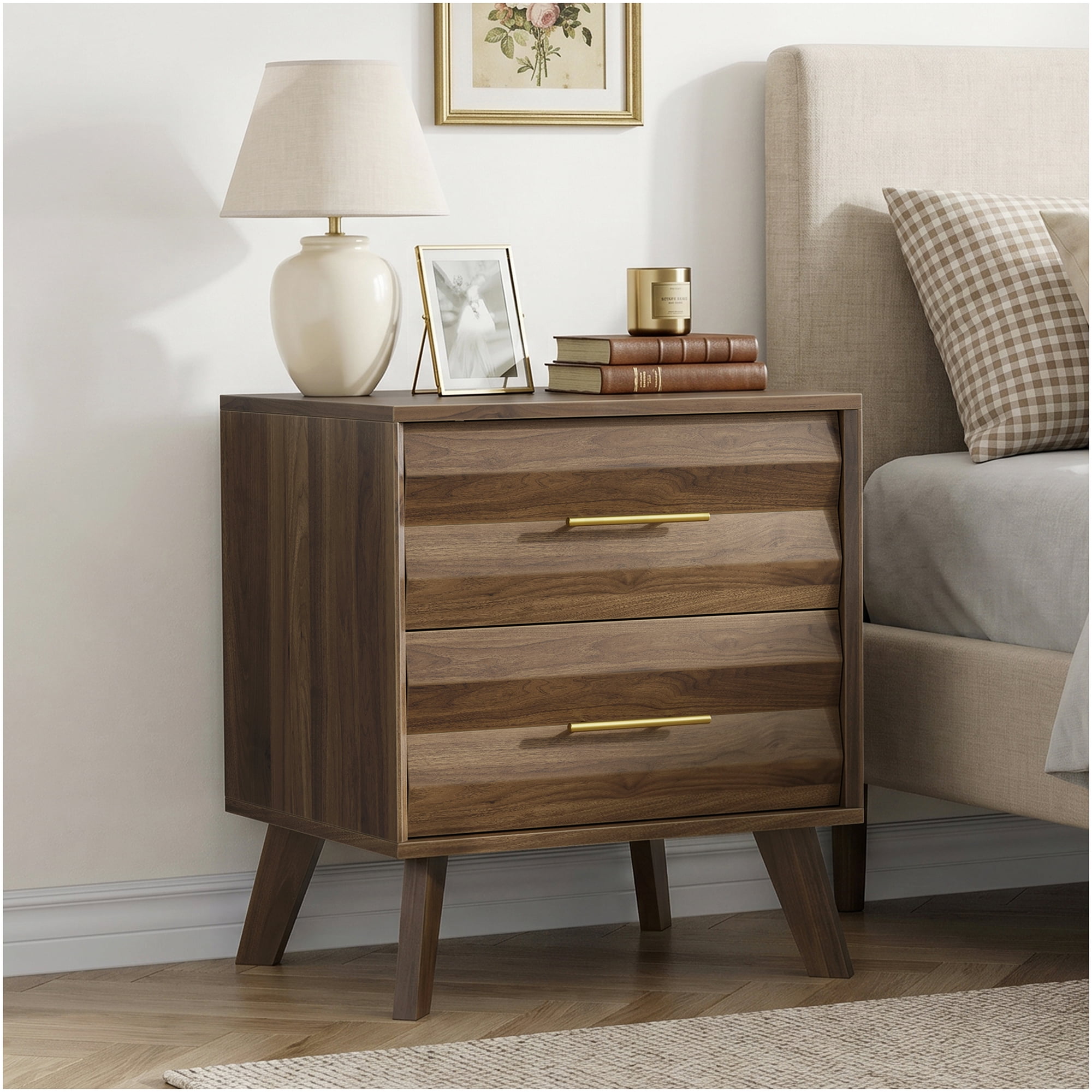Particle Board+MDF Bedside Table in Walnut, 2 Drawers Drawer Storage and American Design,Farmhouse,Mid-Century Modern,Minimalist,mix match Styling for Home Coordinated Series