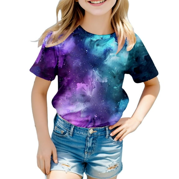 WOYY Big Girls Galaxy Shirt Kid's Starry Sky Print Short Sleeve T-Shirt, Sizes 3-13