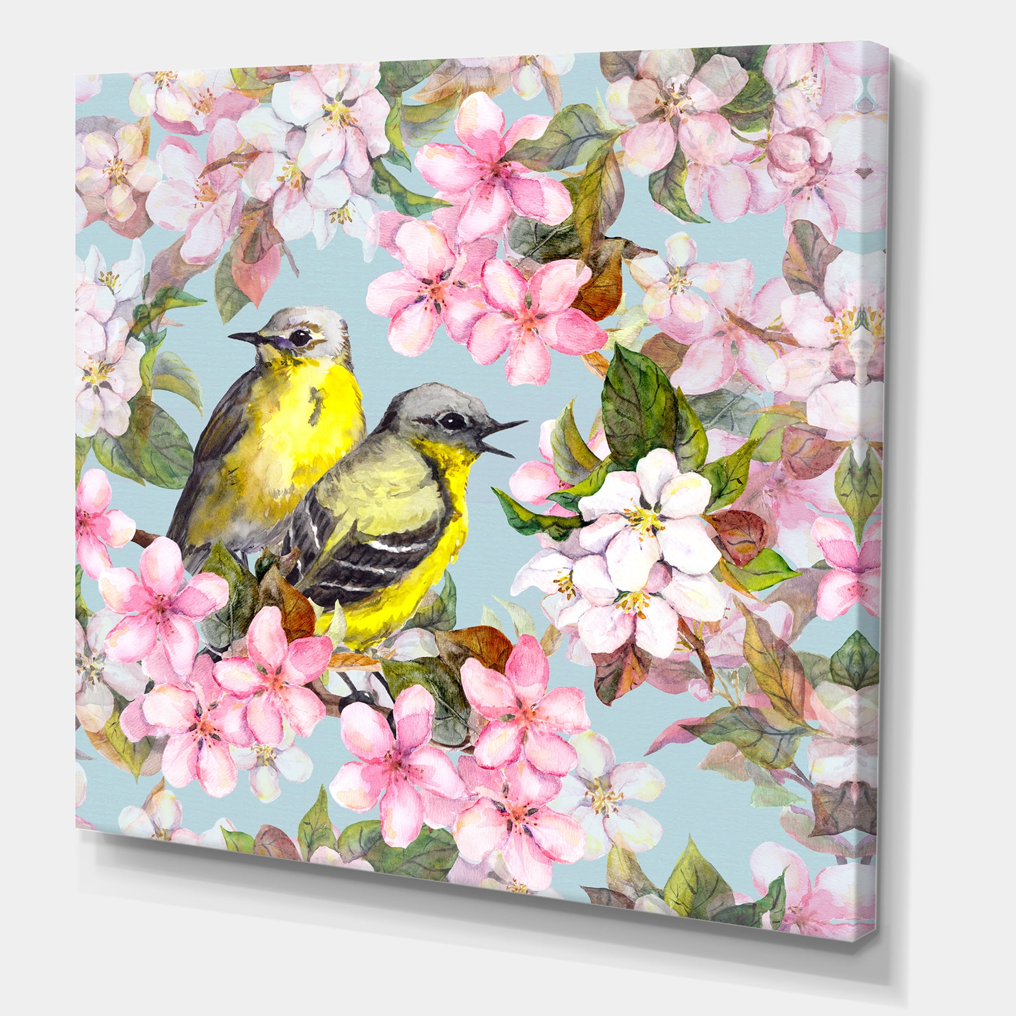 Designart ' Birds On Pink Cherry Sakura and Apple Flowers II ' Traditional Canvas Wall Art Print