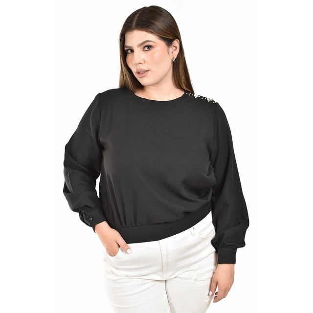 Blusa con detalle de piedras en hombro Roman Fashion /Tallas Extras, 2735 (Negro) negro 38