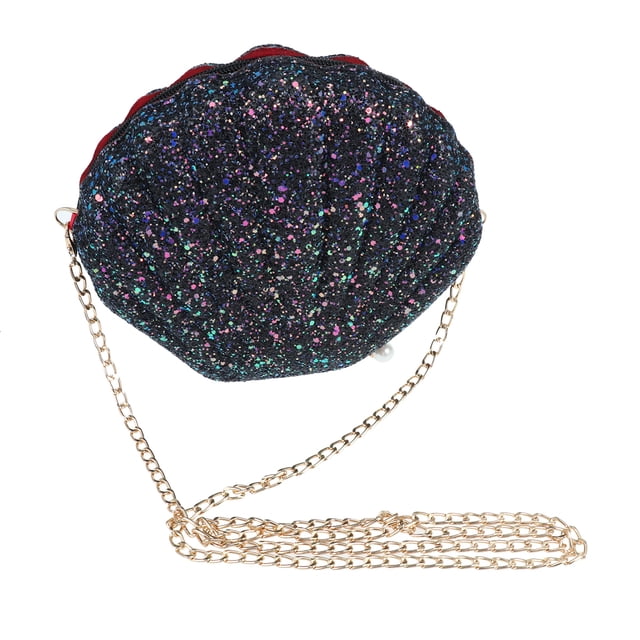Bolso bandolera versátil con lentejuelas y forma de concha, con cadena, para mujeres y niñas (negro)