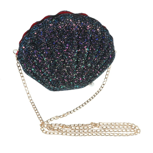 Bolso bandolera versátil con lentejuelas y forma de concha, con cadena, para mujeres y niñas (negro)