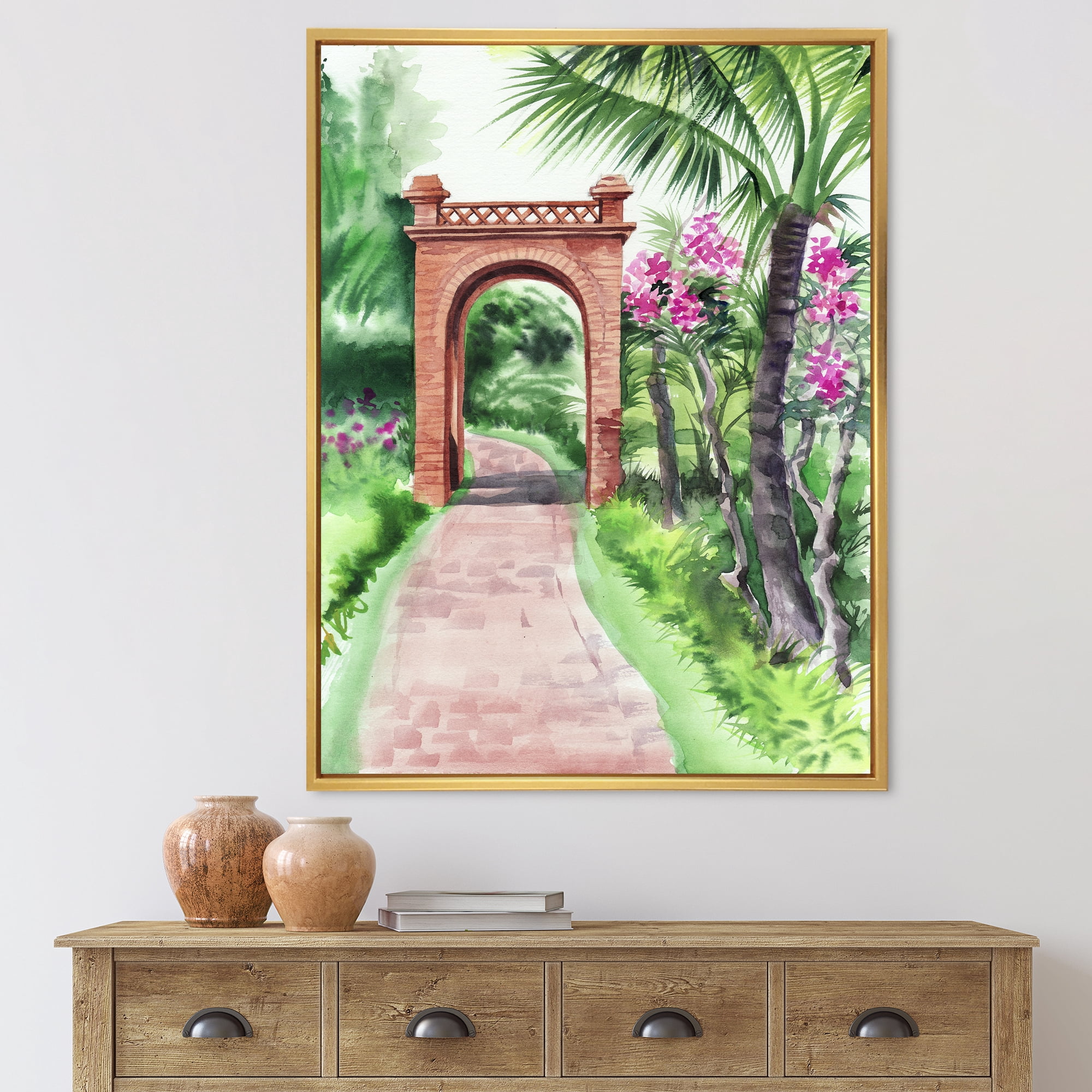 Designart 'Traditional Gate On Path In Tropical Oasis' Tropical Framed Canvas Wall Art Print