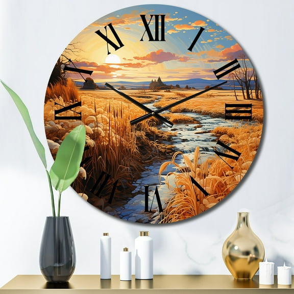 Designart "Golden Prairies Under a Bold Yellow and Blue Sky III" Landscapes Oversized Wall Clock