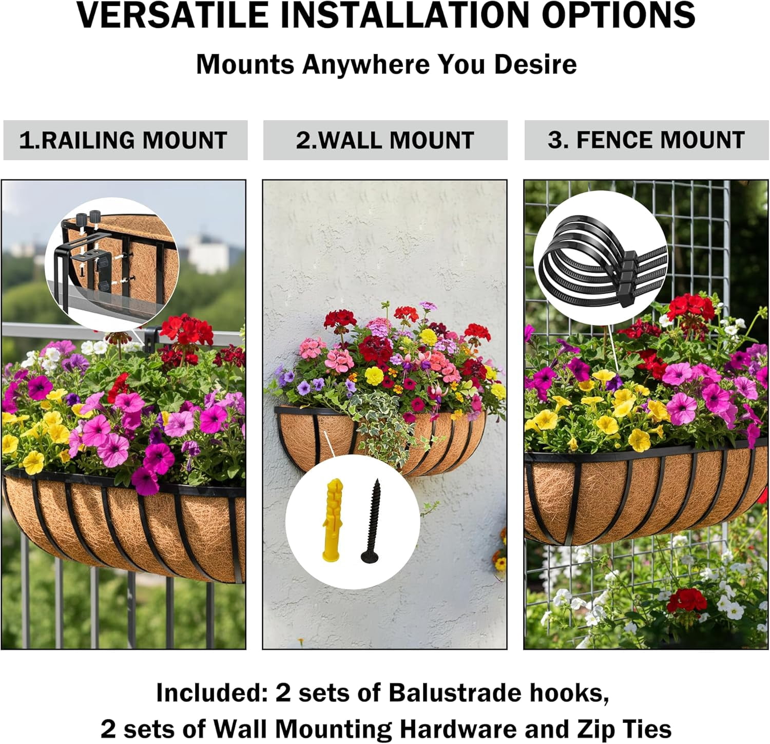 24“ Window Box Railing Planter with Coco Liner Metal Wall-Mounted Coconut Liner Planter Basket English Horse Trough Planters for Outdoor Deck Balcony Porch Fence Patio Black (4 Pack)