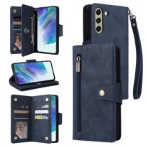 Feishell for Samsung Galaxy S21 FE 5G Wallet Case with Wrist Strap,Premium PU Leather Zipper Pocket Magnetic Buckle Folio Flip ID Credit Card Slots Shockproof Kickstand Phone Case for Women Men,Blue