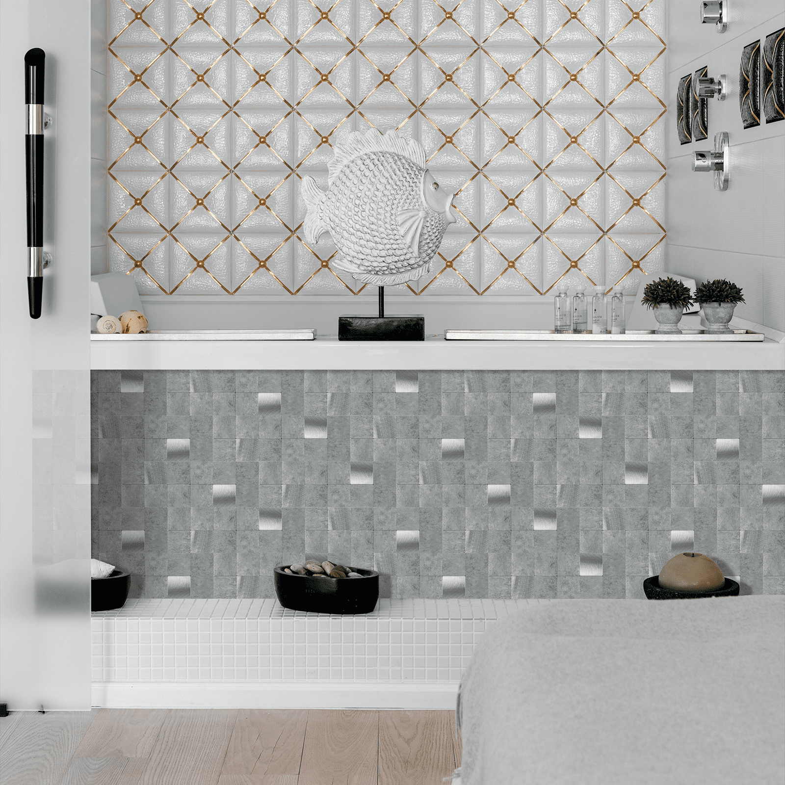 12-Sheet Peel and Stick Backsplash, 12" x 4" PVC Marble Look Self Adhesive Stick on Wall Tiles for Kitchen Bathroom Fireplace (Gray)
