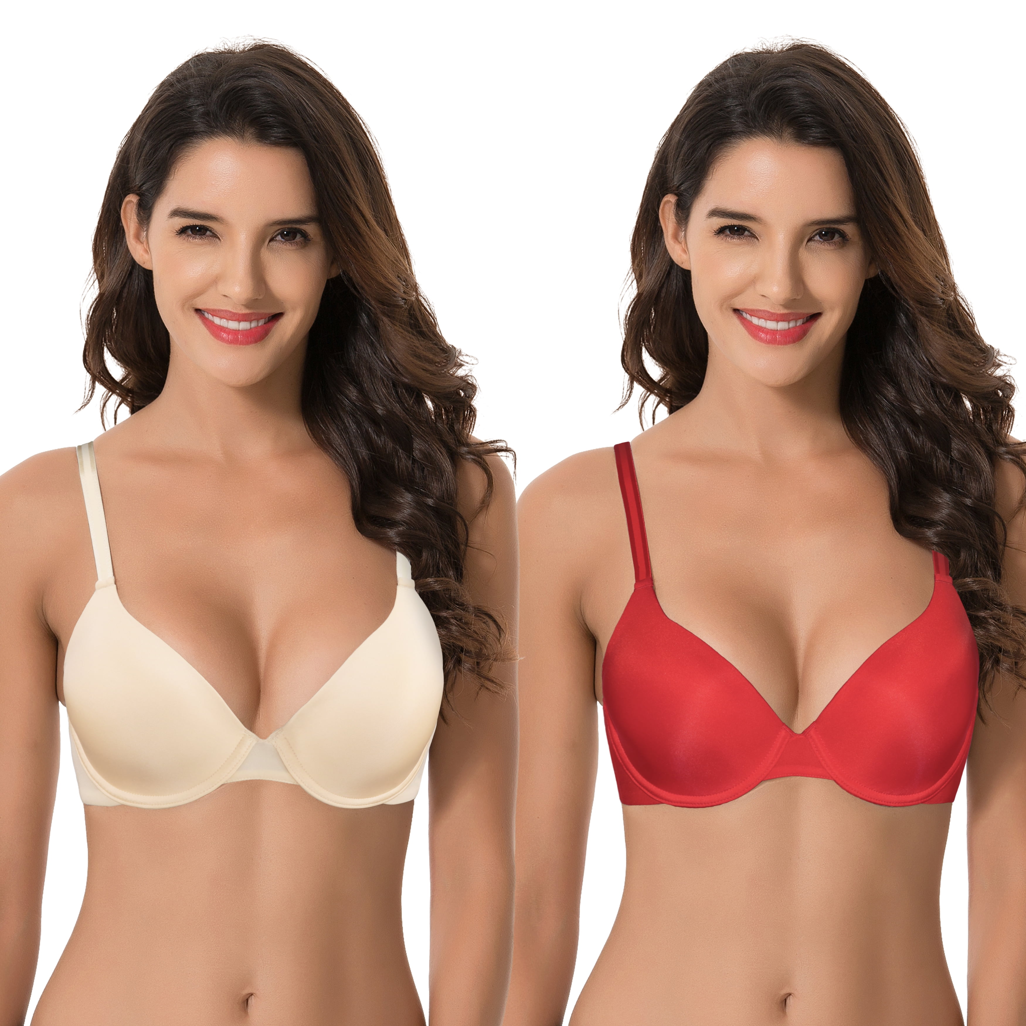 Curve Muse Women's Plus Size Full Coverage Padded Underwire Bra-2PK -NUDE,RED-32DD 