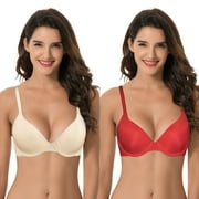 Curve Muse Women's Plus Size Full Coverage Padded Underwire Bra-2PK-NUDE,RED-46DD