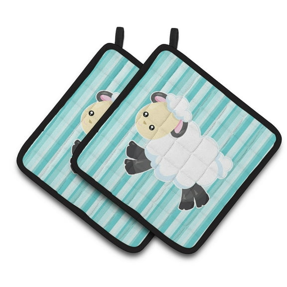 Sheep on Blue Stripes Pair of Pot Holders