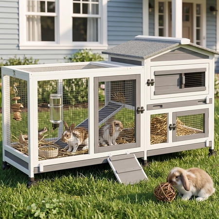 57 Inch Large Rabbit Hutch with Run – 2-Story Bunny Cage with 3 Pull-Out Trays for Easy Cleaning, Wooden Guinea Pig Cage for Small/Medium Animals, Indoor/Outdoor Use