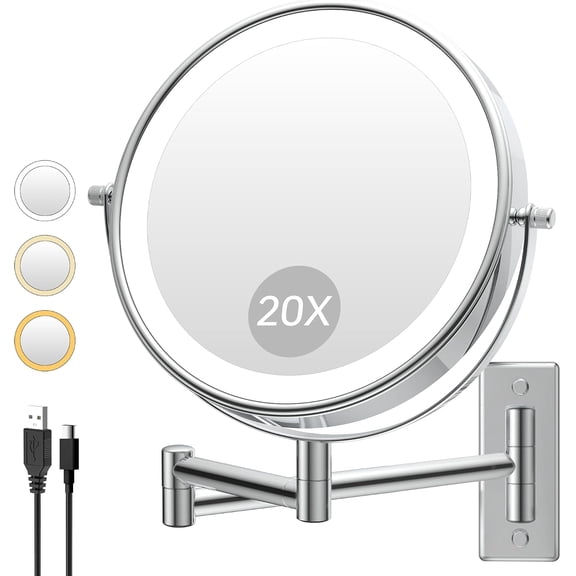 1X/20X Wall Mount Makeup Mirror with Lights and Magnification, Chrome