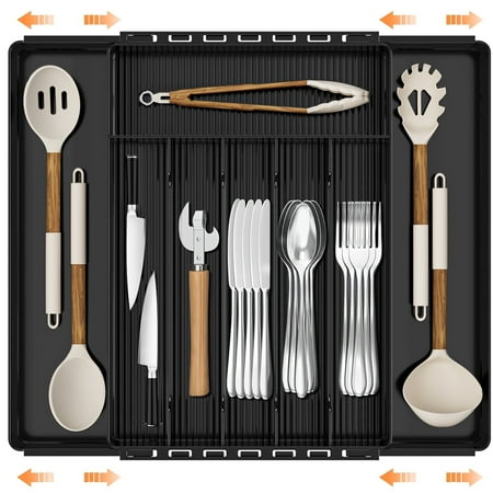 GPED Silverware Drawer Organizer, Expandable Clear Acrylic Silverware Organizer, Kitchen Drawer Organizer for Utensils, Adjustable Cutlery Tray, Office, Supplies-8 Compartments, Medium, Black