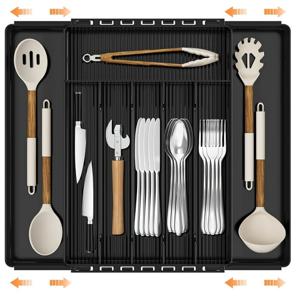 GPED Silverware Drawer Organizer, Expandable Clear Acrylic Silverware Organizer, Kitchen Drawer Organizer for Utensils, Adjustable Cutlery Tray, Office, Supplies-8 Compartments, Medium, Black