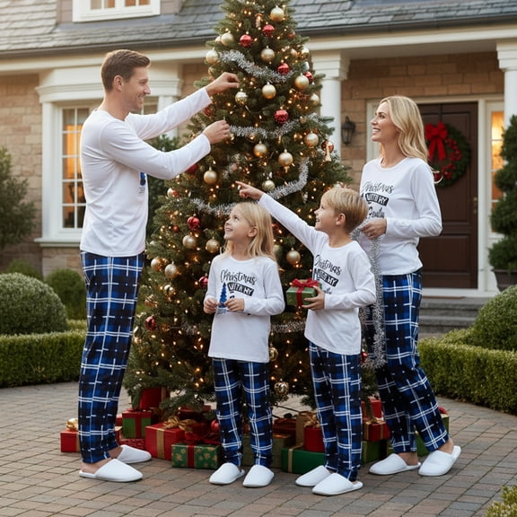 Matching Christmas Pajamas for Family Long Sleeve Tree Graphic Tops Plaid Pants Set Loungewear