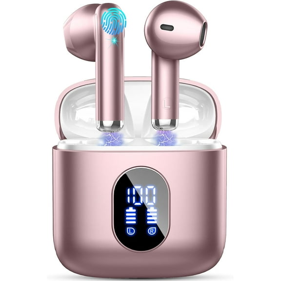 Wireless Earbuds, Bluetooth Headphones 5.4 with ENC Noise Cancelling Mics, 30H Bluetooth Ear Buds 3D Bass with LED Display Charging Case, IP7 Waterproof Wireless Earphones for Android, iOS, Rosegold