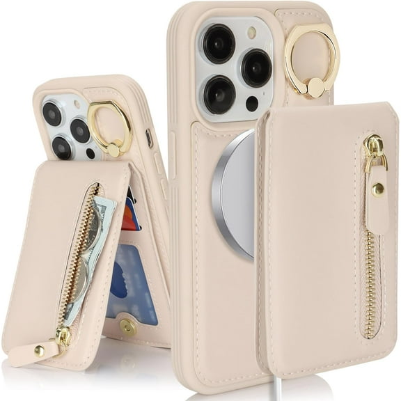 iPhone 14 pro case with Card Holder, iPhone 14 pro Phone Case Wallet for Women magsafe Compatible Wallet Detachable 2-in-1 for Men-Warm White