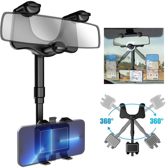 AYAMAYA Rear View Mirror Phone Holder, 360° Rotatable and Retractable Car Phone Holder Adjustable Universal Mount Fit for All Smartphones