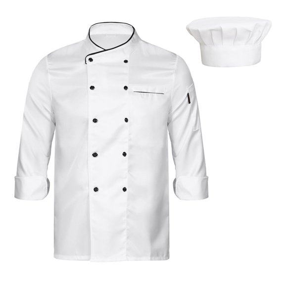 Zaldita Unisex Professional Chef Jacket with Chef Hat Set Mens Womens Hotel Restaurant Kitchen Chef White Long Sleeve XXL