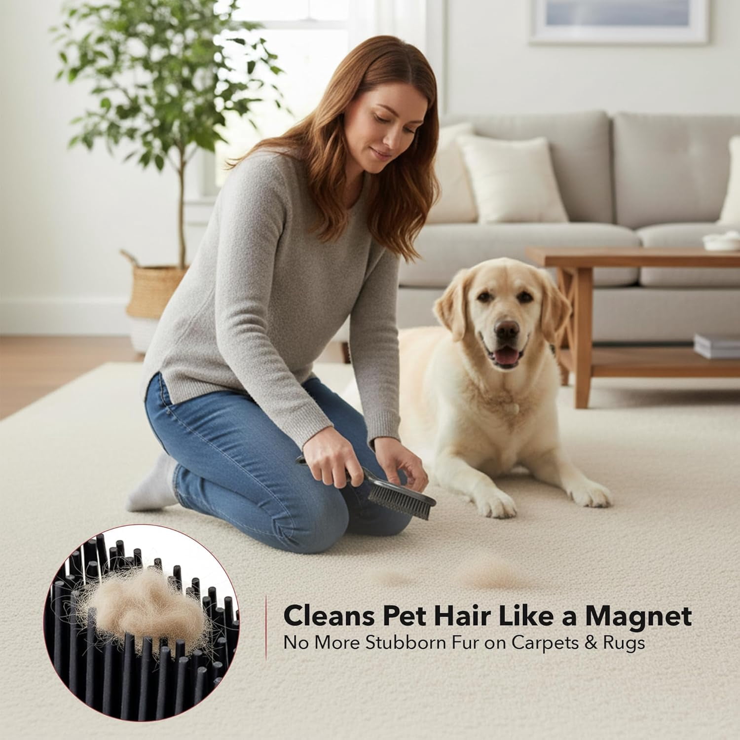 OVENTE Carpet Rake Rubber Broom for Pet Hair Removal with Squeegee, Detailing Lint Fur Remover Brush, Dustpan and 50” Handle, Cleaning Tools Set for Rug, Hardwood Floor, Tile and Window, Grey CT2504G
