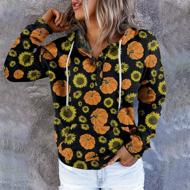 Femmes Halloween Sweat-Shirts Citrouille Impression Col Rond Pull à Manches Longues Oversize Pull-Overs Jaune XXL