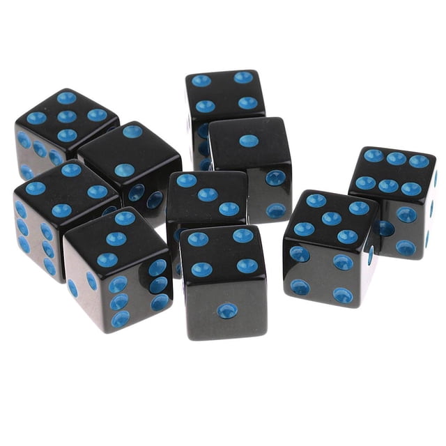 Juego de 10 dado estándar de 16 mm cuadrado opaco D6 de 6 caras negro con Pips azules Zulema Juego de dados de juego de mesa