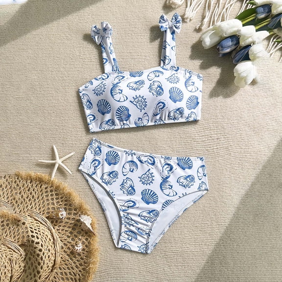 MEZZALL Children Girls Two Piece Swimwear Blue White Seashell Print Bikini Tankini Swimsuit For Youth Swim Holiday Summer Beachwear