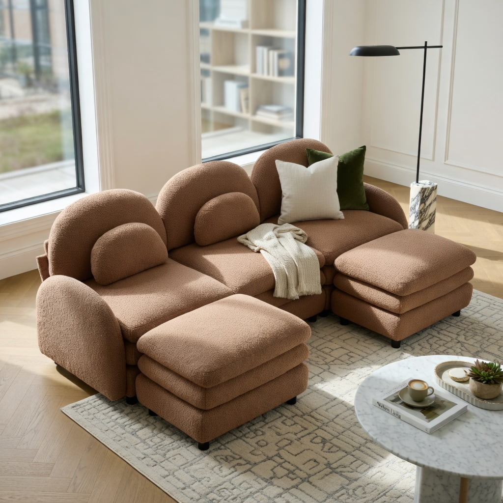 Hommoo Teddy Fleece 3-Seat Modular Sectional Sofa, Cloud-Like Double-Layer Cushions, Curved Backrest & Armrests, Includes 2 Movable Ottomans & Lumbar Pillows, Camel