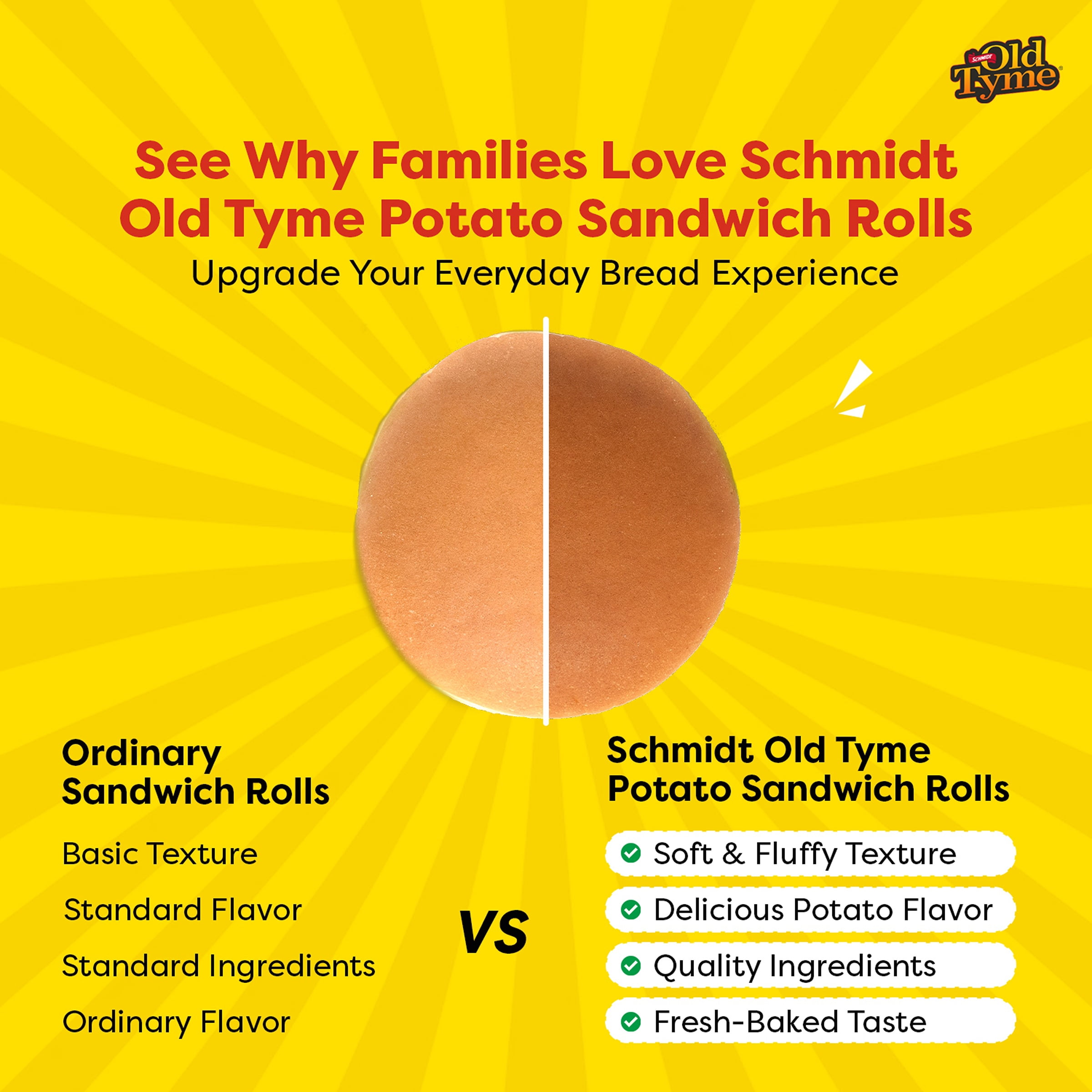 Schmidt Old Tyme Potato Sandwich Rolls, 8 Count, Soft & Fluffy Bread Rolls, 140 Calories per Serving, Perfect for Sandwiches, Light Brown