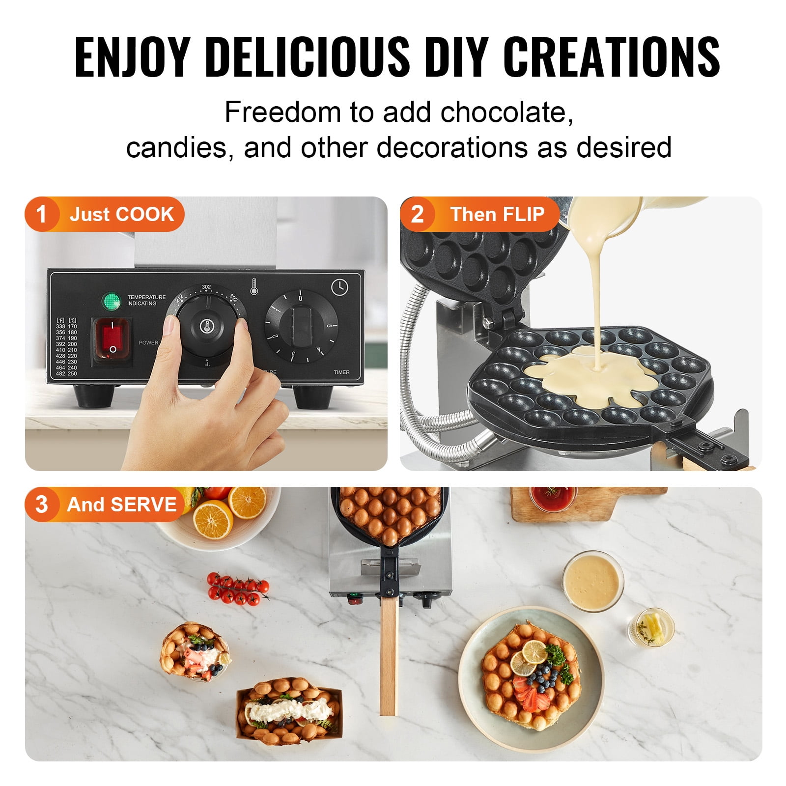 KFFKFF Electric Waffle Maker, Professional Waffle Iron, 1400W, for Crispy Egg Waffles, Non-Stick, Stainless Steel Build, 180° Flip Feature, Adjustable Temperature & Timer, Wood Grip, Ideal for Cafes