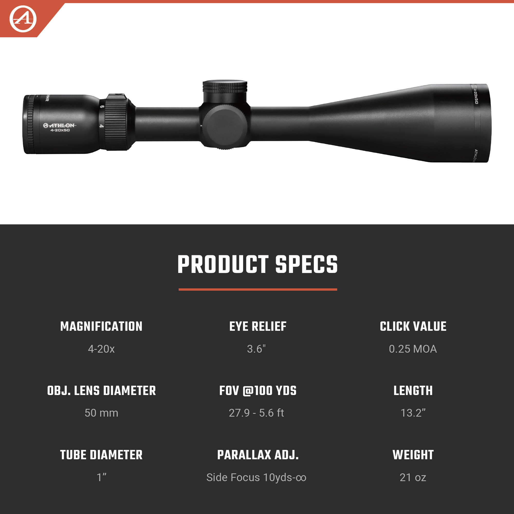 Athlon Optics Argos HMR Rifle Scope 4-20x 50mm Illuminated AHMC Reticle Matte Black