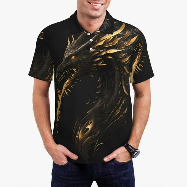 Balery Black And Gold Fire Dragon Camisa Polo de Hombre con Estampado, de Manga Corta y Tejido Medio, Camisa Tipo Golf Polo-4X-Large