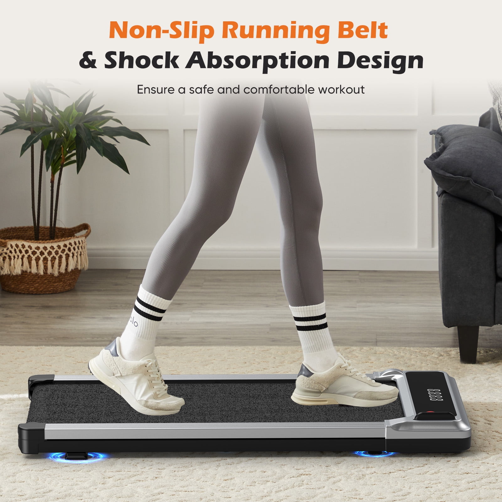 JIOABL Compact Treadmill Under-Desk Walking Pad, Quiet & Portable Exercise Workout Fitness Machine for Home Office Small Spaces, Silver