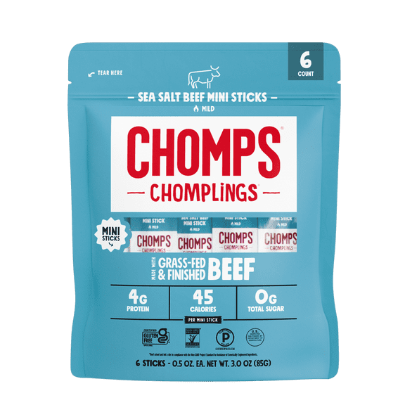 Chomplings Sea Salt Beef Mini Jerky Meat Sticks, 4g of Protein (6 Count)