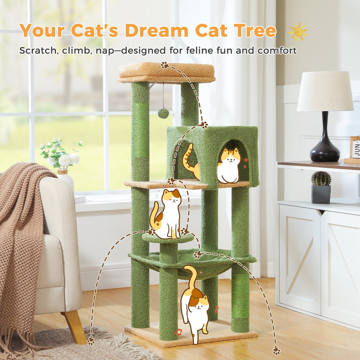 Pefilos 44" Cat Tree Tower for Indoor Cats, 5-Level Cat Condo with Large Hammock, Big Top Perch and 4 Sisal Covered Scratching Pos, Green