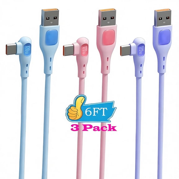 AlmosTen 3Pack 90 Degree Right Angle USB C Cable 6ft 120W Silicone USB Type C Charger Fast Charging High Speed Android Phone Charger Cord Compatible with iPhone15/16/17 Series