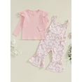 thumbnail image 2 of Suealasg Toddler Girls Fall Outfits Set Clothes 1T 2T 3T 4T 5T Fly Sleeve Ribbed T-shirt +Daisy Print Suspender Flared Pants 2Pcs Autumn Clothing for Little Girls, 2 of 7