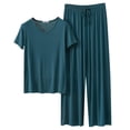 thumbnail image 1 of Women Homewear Solid Color Loose Pajamas Short Sleeve T Shirt Drawstring Wide Leg Pants Sleepwear 2 Piece Set, 1 of 6