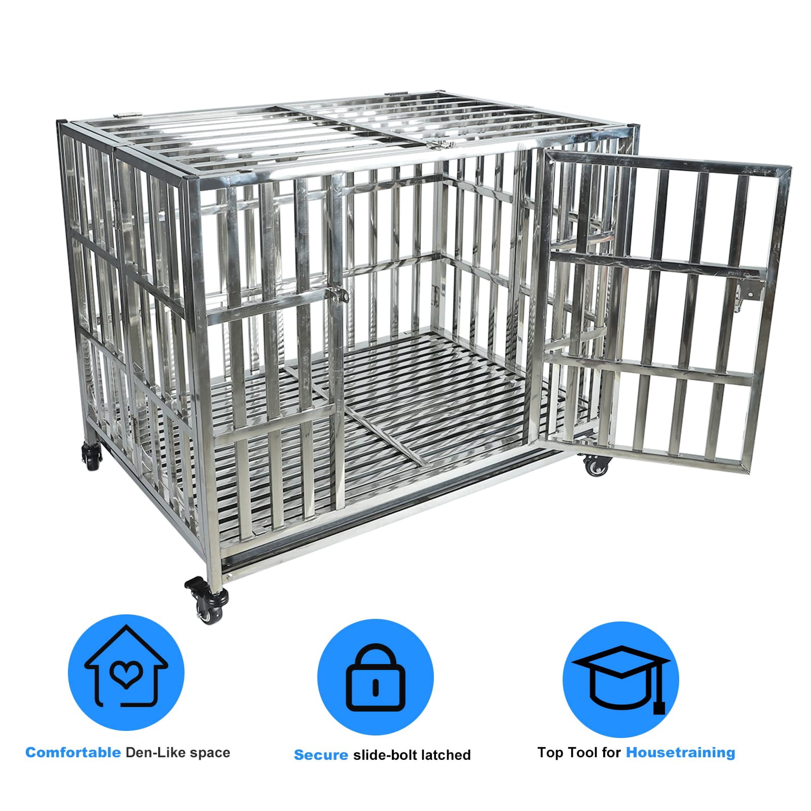 Confote 37" Stainless Steel Dog Crate Stackable Heavy Duty Pet Kennel Foldable Dog Kennels Dog Cage with Double Door for Out-Door Travel